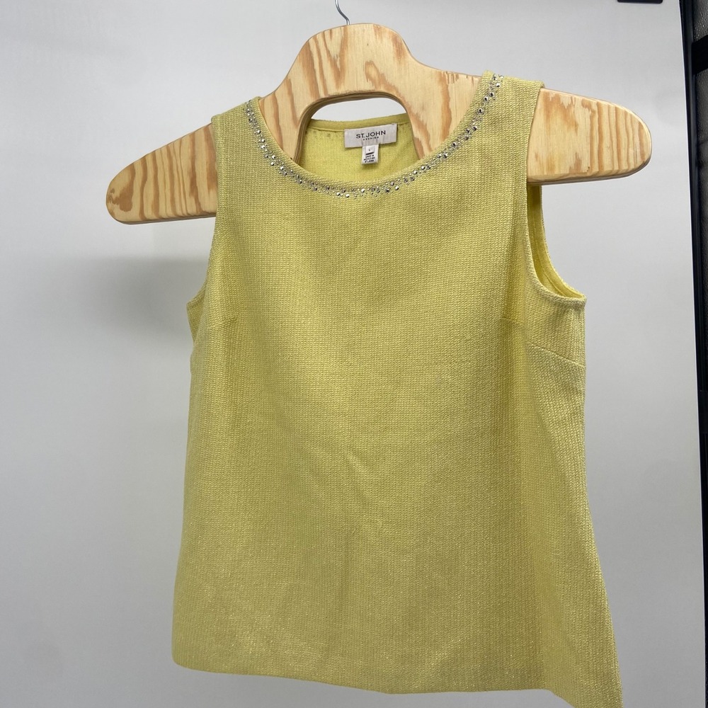 St John Evening Lime Green/Silver Metallic Wool Blend Knit Rhinestone Tank  Lrg